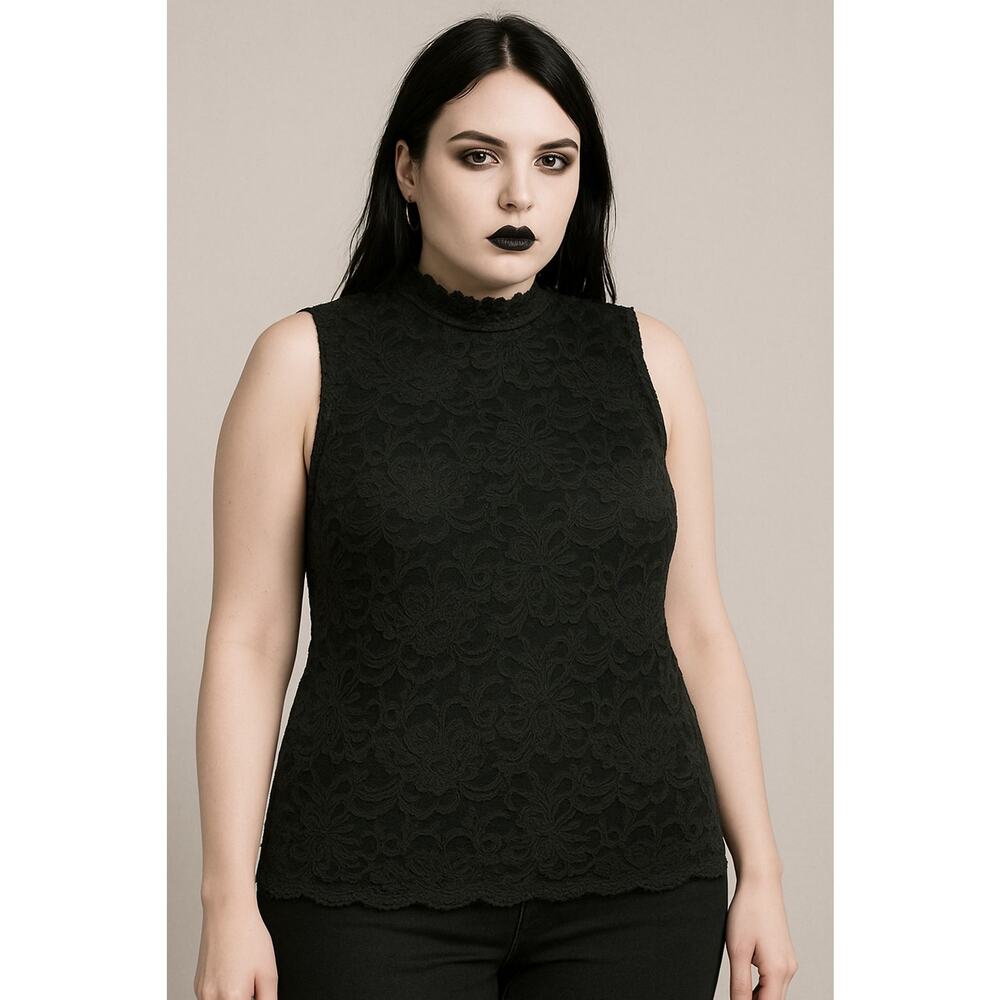 Susan Graver Black Floral Lace High Neck Sleeveless Tank Large Gothic Dark Fairy